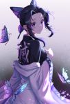  1girl absurdres amaroku_neko bangs black_hair breasts bug butterfly butterfly_hair_ornament commentary_request hair_ornament haori highres insect japanese_clothes kimetsu_no_yaiba kimono kochou_shinobu large_breasts long_sleeves looking_at_viewer off-shoulder_kimono parted_bangs solo tears violet_eyes 