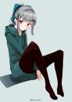  1girl absurdres bangs black_legwear blunt_bangs bow brown_eyes commentary_request dress green_bow green_dress grey_background grey_hair hair_bow highres hood hooded_dress hoodie kantai_collection looking_at_viewer pantyhose ponytail simple_background sitting solo sweater sweater_dress twitter_username uut yuubari_(kantai_collection) 