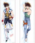  1boy armpits bandana bandana_around_thighs barefoot boots brown_hair character_name dakimakura denim full_body green_shirt guvava jeans looking_at_viewer lying macross macross_7 male_focus mayuki_(ubiquitous) muscle nekki_basara on_side pants shirt solo sunglasses teeth thigh-highs thigh_boots torn_clothes torn_jeans torn_pants wristband yellow_eyes 