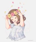  1girl bare_shoulders brown_hair choker closed_eyes copyright_name cropped_torso final_fantasy final_fantasy_xiv forehead_jewel head_wreath lalafell open_mouth peachy_michi petals shirt short_hair signature simple_background solo white_shirt 