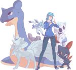  1girl alolan_ninetales autobottesla blue_eyes blue_shirt breasts clenched_hand closed_eyes commission english_commentary froslass gen_1_pokemon gen_2_pokemon gen_4_pokemon glaceon glasses grey_eyes lapras medium_breasts medium_hair pants pokemon pokemon_(creature) red_eyes scarf shirt shoes simple_background sneasel solo standing transparent_background 