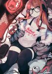  1girl arm_support black_legwear brown_hair can collarbone fur_trim glasses handheld_game_console headphones highres jacket long_hair looking_at_viewer monitor off_shoulder parororo persona persona_5 playstation_vita sakura_futaba short_shorts shorts sitting smile soda_can solo television_screen thigh-highs twitter_username 