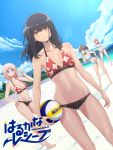  4girls absurdres ai_shou ball bikini black_hair blue_sky breasts clouds cloudy_sky flat_chest harukana_receive higa_kanata highres holding holding_ball light_brown_hair looking_at_viewer medium_breasts multiple_girls navel oozora_haruka_(harukana_receive) ponytail sand sky sport swimsuit tachibana_ayasa tan tooi_narumi v volleyball 