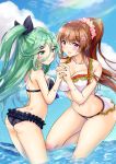  2girls absurdres ass bikini black_ribbon blue_sky blush breasts brown_hair cherry_blossoms closed_mouth clouds eyebrows_visible_through_hair flower gradient_sky green_hair hair_between_eyes hair_flaps hair_flower hair_ornament hair_ribbon hairclip highres holding_arm kantai_collection large_breasts long_hair multiple_girls ocean open_mouth ponytail ribbon sidelocks sky smile swimsuit thighs very_long_hair violet_eyes white_bikini yamakaze_(kantai_collection) yamato_(kantai_collection) yukidarumatan 