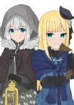  2girls add_(lord_el-melloi_ii) aqua_eyes atsumisu bangs beret birdcage black_gloves black_headwear black_ribbon blonde_hair blue_dress blue_eyes brown_cape brown_gloves cage cape closed_mouth commentary_request dress eyebrows_visible_through_hair fate_(series) flower fur-trimmed_cape fur-trimmed_sleeves fur_trim gloves gray_(lord_el-melloi_ii) grey_flower grey_hair grey_shirt grey_skirt grin hair_between_eyes hair_flower hair_ornament hat holding hood hood_up long_hair lord_el-melloi_ii_case_files mini_hat multiple_girls plaid plaid_skirt pleated_skirt reines_el-melloi_archisorte ribbon shirt simple_background skirt smile tilted_headwear v-shaped_eyebrows white_background 