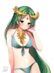  1girl bikini blush cowboy_shot cute goddess green_bikini green_eyes green_hair herunia_kokuoji jewerly jpeg_artifacts kid_icarus kid_icarus_uprising long_hair looking_at_viewer moe navel nintendo nintendo_ead palutena palutena_no_kagami simple_background solo sora_(company) super_smash_bros. swimsuit white_background 