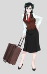  1girl black_footwear black_hair black_skirt blue_eyes brown_vest commentary_request contrapposto full_body glasses grey_background hand_on_hip highres long_hair long_skirt looking_to_the_side luggage messy_hair necktie ojipon pumps read_or_die red_neckwear shirt simple_background skirt solo standing vest white_shirt yomiko_readman 