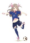  1girl absurdres adidas ball brown_hair bunny_hair_ornament cleats cloba fang hair_ornament heart highres jabulani kicking long_hair midriff midriff_peek natori_sana navel open_mouth pink_headwear red_eyes sana_channel shorts soccer_ball soccer_nippon_daihyou soccer_uniform solo sportswear sweatband thigh-highs virtual_youtuber white_background wristband 