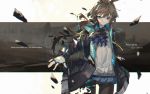  1girl 2019 absurdres amiya_(arknights) animal_ears arknights artist_name ascot bangs black_jacket black_legwear blue_eyes blue_neckwear blue_skirt blurry blurry_background brown_hair choker closed_mouth commentary cowboy_shot english_text frilled_ascot frills hair_between_eyes highres jacket lm520lm520 long_hair looking_at_viewer miniskirt open_clothes open_jacket panties panties_under_pantyhose pantyhose rabbit_ears shirt sidelocks skirt solo underwear white_shirt 