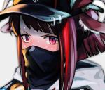  animal_ear_fluff animal_ears bangs baseball_cap black_mask_(clothing) blush close-up commentary covered_mouth danielle_brindle hat hood hoodie looking_at_viewer mask multicolored_hair original red_eyes redhead shiny shiny_hair sweat tagme 