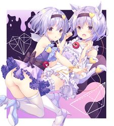  2girls animal_ears ass bangs border bow cat_ears cat_tail dress dual_persona eyebrows_visible_through_hair fang frilled_dress frilled_legwear frills hairband high_heels kinokomushi komeiji_satori looking_at_viewer multiple_girls open_mouth purple_background purple_dress purple_hair purple_legwear ribbon short_hair subterranean_animism tail thigh-highs third_eye touhou violet_eyes white_border 