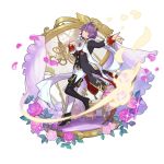  1boy asymmetrical_legwear boots chair clothing_request dancing dragalia_lost flower full_body hair_ornament hair_over_one_eye looking_at_viewer non-web_source official_art parted_lips petals purple_hair saitou_naoki short_hair smile smug thigh-highs thigh_boots transparent_background yellow_eyes zardin_(dragalia_lost) 