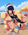  1girl 2049_(hh5566) bangs beach beach_umbrella black_hair blunt_bangs blush breasts closed_mouth clouds coat collarbone commentary_request cowboy_shot day elesa_(pokemon) eyelashes green_eyes hand_up headphones highres holding holding_poke_ball korean_commentary long_sleeves looking_at_viewer midriff open_clothes open_coat outdoors poke_ball poke_ball_(basic) pokemon pokemon_(game) pokemon_bw2 sand shore short_hair_with_long_locks sidelocks sky smile solo umbrella water yellow_coat 