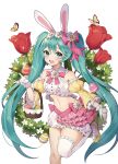  1girl absurdres animal_ears aqua_eyes aqua_hair bare_shoulders basket bow bug butterfly churi_(oxxchurixxo) collar detached_sleeves easter easter_egg egg flower gloves hair_between_eyes hair_bow hair_flower hair_ornament hatsune_miku highres insect long_hair looking_at_viewer midriff open_mouth rabbit_ears single_thighhigh skirt solo standing standing_on_one_leg thigh-highs twintails very_long_hair vocaloid white_background white_gloves white_legwear wreath yellow_sleeves 