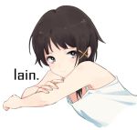  1girl asymmetrical_hair brown_eyes brown_hair character_name copyright_name dress hair_ornament hairclip hand_on_own_arm iwakura_lain looking_at_viewer quail0503 serial_experiments_lain short_hair simple_background single_sidelock sleeveless solo upper_body white_dress 