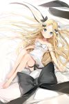  1girl abigail_williams_(fate/grand_order) absurdres bandaid_on_forehead bangs bare_arms bare_shoulders barefoot bed_sheet black_bow black_ribbon blonde_hair blue_eyes blush bow breasts closed_mouth collarbone commentary_request covered_navel crossed_bandaids dress dutch_angle fate/grand_order fate_(series) forehead from_above hair_bow hair_ribbon hair_spread_out highres knees_up legs long_hair looking_at_viewer lying on_back parted_bangs polka_dot polka_dot_bow ribbon silver_(chenwen) sleeveless sleeveless_dress small_breasts solo strap_slip thigh_ribbon thighs very_long_hair white_bow white_dress white_ribbon 