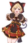  1girl absurdres animal_hood black_dress blonde_hair blush brown_eyes capelet cat_hood cat_tail clenched_hands commentary_request djeeta_(granblue_fantasy) dress fang fur_trim granblue_fantasy gyoju_(only_arme_nim) hair_between_eyes highres hood kuronekodoushi leg_up looking_at_viewer short_hair solo standing standing_on_one_leg tail v-shaped_eyebrows white_background 
