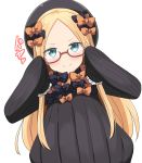 1girl abigail_williams_(fate/grand_order) aikawa_ryou bangs black_bow black_headwear blonde_hair blue_eyes blush bow commentary_request dress fate/grand_order fate_(series) glasses hair_bow hat highres long_hair long_sleeves looking_at_viewer orange_bow parted_bangs polka_dot polka_dot_bow sleeves_past_fingers sleeves_past_wrists solo 