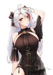  1girl absurdres alternate_costume antenna_hair azur_lane bangs black_dress blush bow breasts brown_eyes cowboy_shot dress hair_between_eyes highres large_breasts long_hair looking_at_viewer multicolored_hair open_mouth prinz_eugen_(azur_lane) prinz_eugen_(cordial_cornflower)_(azur_lane) redhead sidelocks silver_hair simple_background solo streaked_hair thighs two_side_up very_long_hair white_background yukineko 
