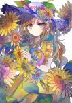  1girl blue_eyes blue_headwear blue_ribbon brown_hair commentary dress facing_viewer flower frills hair_flower hair_ornament hat hat_flower hat_ribbon holding holding_flower kazu_(muchuukai) long_hair original ribbon simple_background sleeveless sleeveless_dress solo straw_hat striped striped_dress sunflower white_background wristband yellow_dress 