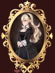  1girl absurdres black_dress breasts corrin_(fire_emblem) corrin_(fire_emblem)_(female) cowboy_shot dragon_girl dress elf english_commentary female_my_unit_(fire_emblem_if) fire_emblem fire_emblem_fates fire_emblem_if hair_between_eyes hair_ornament hairband highres huge_filesize intelligent_systems kamui_(fire_emblem) long_hair manakete my_unit_(fire_emblem_if) nintendo pointy_ears portrait_(object) red_eyes sarukaiwolf silver_hair simple_background solo 