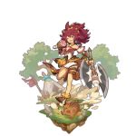  animal_print axe blue_eyes boar camp dragalia_lost eating flag food full_body hair_ornament looking_at_viewer meat non-web_source official_art redhead saitou_naoki smile tiger_print transparent_background tribal weapon yue_(dragalia_lost) 