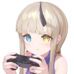  1girl :t angel bare_shoulders blonde_hair blue_eyes commentary_request controller diamond-shaped_pupils eyebrows_visible_through_hair game_controller heterochromia horn long_hair original pout solo symbol-shaped_pupils tsuki-shigure white_background yellow_eyes 