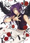  1boy access_time belt black_feathers black_wings flower forehead_jewel highres kamikaze_kaitou_jeanne long_hair looking_at_viewer male_focus open_mouth pants petals pointy_ears ponytail purple_hair rose simple_background solo tcb teeth violet_eyes white_pants wings wristband 