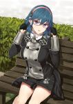  1girl bangs bench black_gloves black_jacket black_skirt blue_eyes blue_hair blush breasts brown_hairband byleth_(fire_emblem) byleth_eisner_(female) commentary_request eyebrows_visible_through_hair fire_emblem fire_emblem:_three_houses glasses gloves hair_between_eyes hairband half_gloves hands_up highres jacket kneehighs long_hair long_sleeves looking_at_viewer medium_breasts open_mouth park_bench red-framed_eyewear sitting sitting_on_bench skirt solo white_legwear yappen 