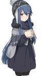  1girl bangs blue_hair copyright_request cup hair_between_eyes hair_ornament hairclip hat holding holding_cup knit_hat long_hair long_sleeves looking_at_viewer pantyhose red_eyes shima_rin shiseki_hirame simple_background smile solo white_background winter_clothes yurucamp 