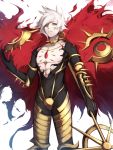  1boy armor blacktheif blue_eyes cape collarbone commentary_request dark_skin fate/grand_order fate_(series) highres jewelry karna_(fate) long_fingers long_hair looking_at_viewer male_focus pale_skin red_cape smile solo torn_cape torn_clothes weapon white_hair 