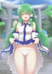  1girl :d ahoge ass_visible_through_thighs bangs bare_shoulders blue_skirt blue_sky blurry blurry_background blush breasts closed_eyes clouds commentary_request cowboy_shot day detached_sleeves eyebrows_visible_through_hair facing_viewer frog_hair_ornament green_hair groin hair_between_eyes hair_ornament hair_tubes highres kochiya_sanae lifted_by_self long_hair long_sleeves medium_breasts open_mouth outdoors panties partial_commentary petticoat shirt sidelocks skirt skirt_lift sky smile snake_hair_ornament solo standing sweat taki_sandstone thighs torii touhou tree underwear very_long_hair white_panties white_shirt wide_sleeves 