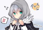  1girl bangs black_capelet blue_background blush capelet closed_mouth commentary_request eyebrows_visible_through_hair fate_(series) flying_sweatdrops gradient gradient_background gray_(lord_el-melloi_ii) green_eyes grey_hair hair_between_eyes hood hood_down long_sleeves looking_at_viewer lord_el-melloi_ii_case_files purple_background smile solo sou_(soutennkouchi) spoken_blush translated twitter_username 