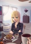 1girl ahoge artoria_pendragon_(all) black_shirt blonde_hair boa_(brianoa) bowl breasts carton cup fate/stay_night fate_(series) food fork green_eyes hair_down highres holding holding_cup indoors knife long_sleeves looking_at_viewer medium_hair milk_carton pancake pepper_shaker plate pov saber salt_shaker shirt small_breasts solo_focus table type-moon