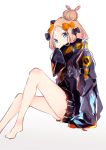  1girl abigail_williams_(fate/grand_order) bangs barefoot black_bow black_jacket blue_eyes bow brown_hair closed_mouth commentary_request crossed_bandaids fate/grand_order fate_(series) gradient gradient_background grey_background hair_bow hair_bun hand_up heroic_spirit_traveling_outfit highres jacket knee_up long_hair long_sleeves looking_at_viewer maimuro orange_bow parted_bangs polka_dot polka_dot_bow sitting sleeves_past_fingers sleeves_past_wrists smile solo white_background 