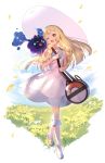  1girl bag blonde_hair blue_sky braid clouds cosmog dress duffel_bag flower full_body gen_7_pokemon grass green_eyes hat highres lillie_(pokemon) long_hair one_eye_closed open_mouth petals poke_ball_theme pokemon pokemon_(creature) pokemon_(game) pokemon_sm shinooji sky sleeveless sun_hat twin_braids white_dress white_headwear 