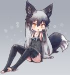  1girl adapted_costume animal_ears bare_shoulders black_gloves black_hair black_legwear black_swimsuit blue_bow bow collarbone commentary_request elbow_gloves extra_ears eyebrows_visible_through_hair fox_ears fox_tail gloves grey_hair highres kemono_friends kolshica long_hair multicolored_hair no_shoes one-piece_swimsuit silver_fox_(kemono_friends) silver_hair sitting sleeveless solo swimsuit tail thigh-highs toeless_legwear yellow_eyes 