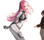  1boy 1girl :d anemone_(eureka_seven) blurry blurry_background bodysuit breasts eureka_seven eureka_seven_(series) hair_ornament hairclip long_hair long_sleeves looking_at_viewer medium_breasts open_mouth pink_hair simple_background smile sunga2usagi very_long_hair violet_eyes 