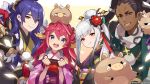  2boys 2girls addis anniversary artist_request black_hair blue_eyes botan_(dragalia_lost) brown_eyes closed_mouth commentary company_name dark_skin dragalia_lost eyebrows_visible_through_hair flower hair_bun hair_flower hair_ornament highres ieyasu_(dragalia_lost) japanese_clothes kimono long_hair looking_at_viewer multiple_boys multiple_girls official_art open_mouth orange_eyes petals pig pink_hair red_eyes sazanka_(dragalia_lost) smile sparkle upper_body watermark white_hair 