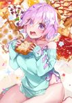 +_+ 1girl bacon banana bread breakfast breasts egg eyes_visible_through_hair fate/grand_order fate_(series) food fruit hair_over_one_eye jam kanola_u large_breasts looking_at_viewer mash_kyrielight purple_hair short_hair solo strawberry sunny_side_up_egg symbol-shaped_pupils toast violet_eyes 