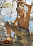  1boy abs absurdres artist_name barefoot beitemian boat brown_eyes brown_hair dagger day dirty dirty_clothes dirty_face english_text feet highres huge_filesize jewelry male_focus navel necklace nipples original outdoors pirate sanpaku shade ship shirtless sweat watercraft weapon 