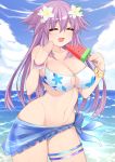  1girl adult_neptune bikini blush breasts closed_eyes clouds dura eyebrows_visible_through_hair flower food hair_between_eyes hair_flower hair_ornament highres holding holding_food hot large_breasts long_hair navel neptune_(series) ocean open_mouth outdoors popsicle purple_hair scrunchie shin_jigen_game_neptune_vii sky smile solo swimsuit thigh_strap very_long_hair water watermelon_bar wet wrist_scrunchie 