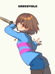 1girl androgynous breasts brown_hair chara_(undertale) commentary_request jewelry knife looking_at_viewer looking_back necklace oshiruko_(tsume) pantyhose red_eyes shirt short_hair shorts simple_background small_breasts solo striped striped_shirt striped_sweater sweater undertale white_background 