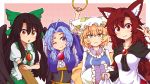  4girls :3 ;) animal_ear_fluff animal_ears antenna_hair arm_cannon arms_up bangs black_dress black_hair black_wings blonde_hair blue_capelet blue_eyes blue_hair blush border bow breasts brooch brown_eyes brown_hair capelet center_frills collarbone commentary dress english_commentary eyebrows_visible_through_hair eyelashes feathered_wings forehead fox_tail frilled_shirt_collar frills green_bow green_skirt hair_between_eyes hair_bow halftone halftone_background hand_up hat head_tilt holding hood hooded_capelet imaizumi_kagerou jewelry kesa kumoi_ichirin large_breasts long_hair looking_at_viewer medium_breasts multiple_girls multiple_tails one_eye_closed open_mouth outline outside_border pillow_hat pink_background puffy_short_sleeves puffy_sleeves red_eyes reiuji_utsuho ring shirt short_sleeves sidelocks skirt skirt_hold smile tabard tail thick_eyebrows touhou upper_body v weapon white_border white_dress white_headwear white_outline white_shirt wings wolf_ears wool_(miwol) yakumo_ran yellow_eyes 