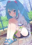  1girl absurdres blue_eyes blue_hair blurry blurry_background blush buruma chain-link_fence commentary dutch_angle fence gym_uniform hair_bobbles hair_ornament hatsune_miku highres hose leg_hug long_hair nail_polish outdoors sandals sidelocks sitting solo toenail_polish tshangen131 twintails vocaloid 