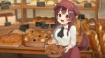  1girl alternate_costume animal_ears basket blurry blurry_background bone_hair_ornament braid bread brown_hair commentary_request dog_ears dog_tail food hair_between_eyes hat highres hololive inugami_korone medium_hair open_mouth red_eyes seramikku solo tail twin_braids virtual_youtuber 