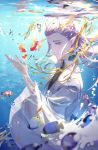  1boy absurdres air_bubble ao_bing blurry_foreground bubble byuey chinese_clothes clownfish day fish highres horns lavender_hair long_hair male_focus ne_zha_(2019_movie) outdoors pointy_ears school_of_fish sidelocks solo sunlight tropical_fish underwater violet_eyes wide_sleeves 