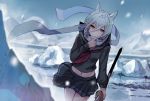  1girl animal_ears azur_lane bangs bare_legs black_sailor_collar black_skirt glacier hair_between_eyes holding holding_sheath holding_sword holding_weapon ice katana long_sleeves looking_at_viewer maya_(azur_lane) midriff moji_(mojimozis) mountain navel neckerchief outdoors pleated_skirt red_neckwear sailor_collar scarf scarf_over_mouth school_uniform sheath sheathed sidelocks skirt snow snowing solo standing sword walking weapon white_hair white_scarf wolf_ears yellow_eyes 