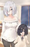  2girls alternate_costume blue_eyes breasts glasses hair_over_one_eye hamakaze_(kantai_collection) highres kantai_collection large_breasts multiple_girls saku_(kudrove) semi-rimless_eyewear short_hair silver_hair sweater under-rim_eyewear white_sweater 