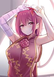  1girl armpits arms_up bandaged_arm bandages bangs bare_arms bare_shoulders blush borushichi breasts bun_cover commentary_request eyebrows_visible_through_hair flower hair_between_eyes hair_ribbon highres ibaraki_kasen indoors large_breasts looking_at_viewer oni oni_horns pink_flower pink_hair pink_rose red_eyes red_ribbon ribbon rose short_hair sidelocks solo tabard touhou upper_body window 